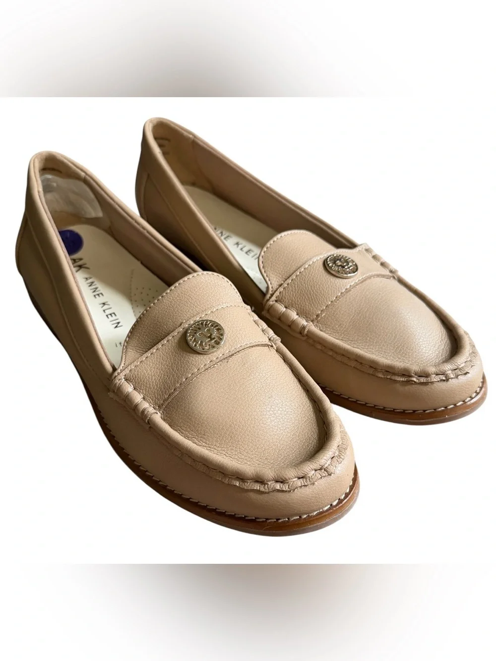 AK Anne Klein iFlex Taupe Loafers Moc Toe Logo Comfort Flats Size 8.5 Classic